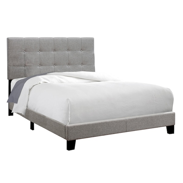 Monarch Specialties Bed, Full Size, Platform, Bedroom, Frame, Upholstered, Linen Look, Wood Legs, Grey, Transitional I 5920F - main